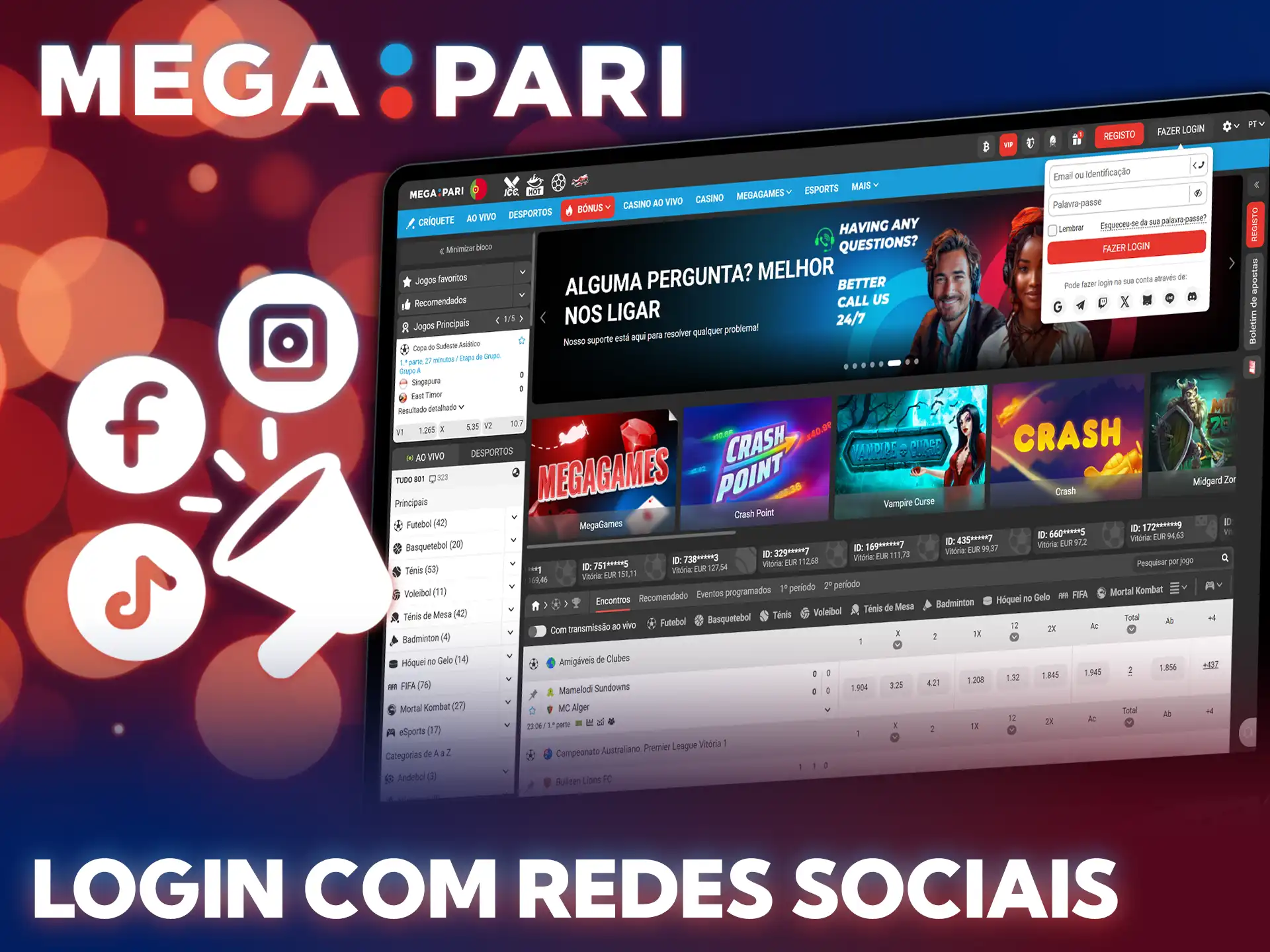 Vincule o perfil social para iniciar sessão na MegaPari facilmente.