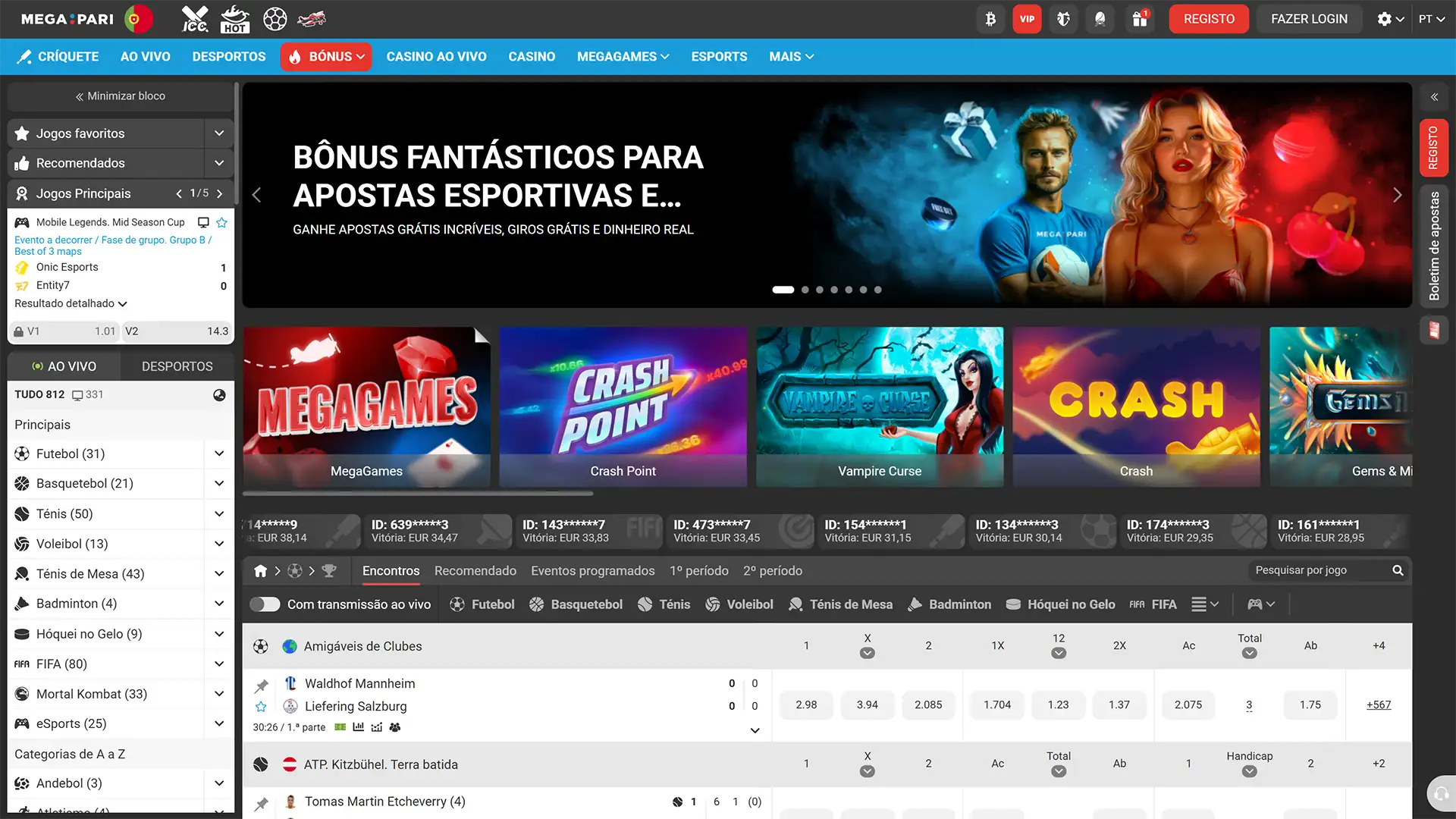 Descubra a página principal na interface da MegaPari para jogar agora.