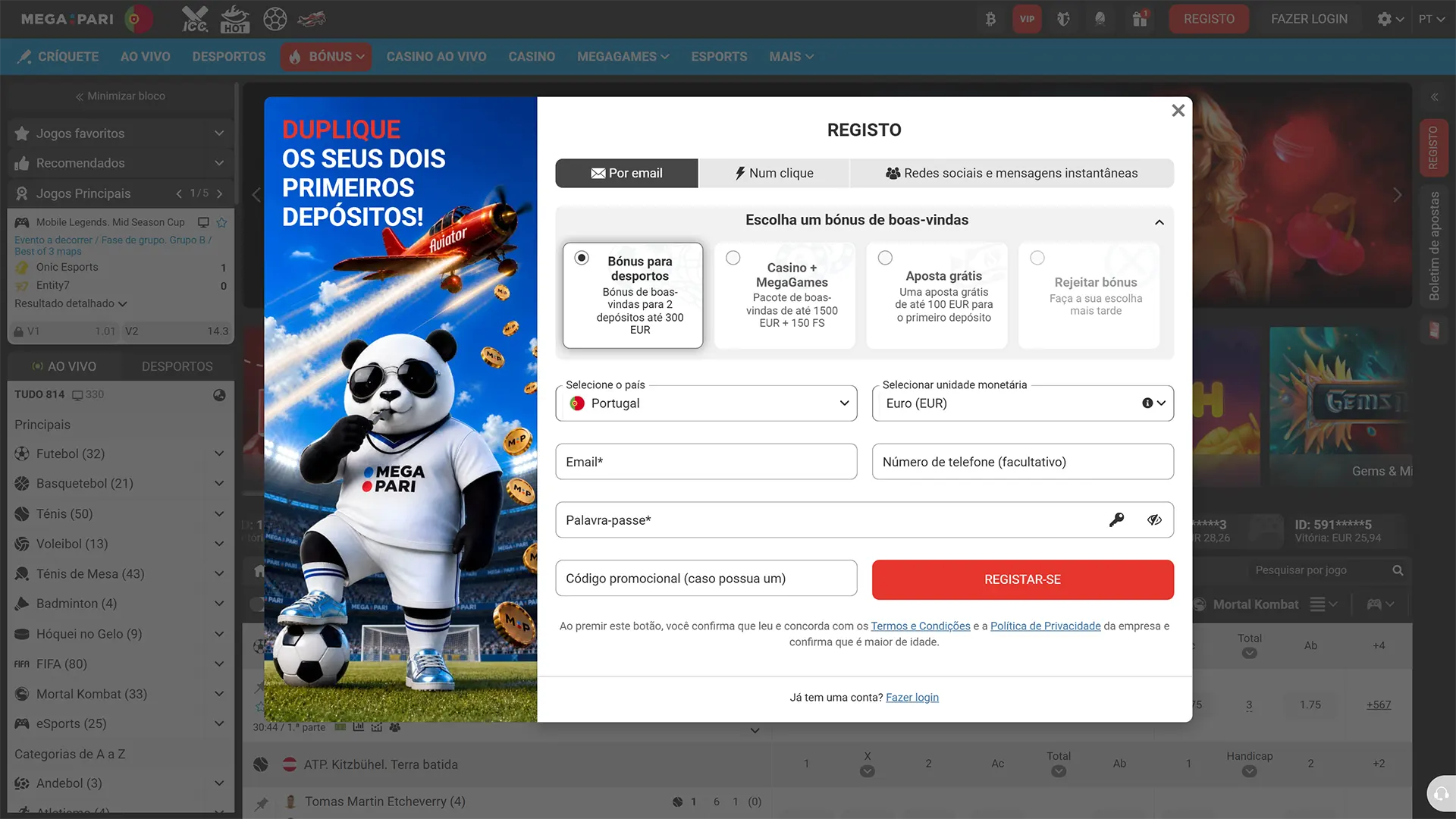 Preencha o seu registo na interface da MegaPari para criar conta.