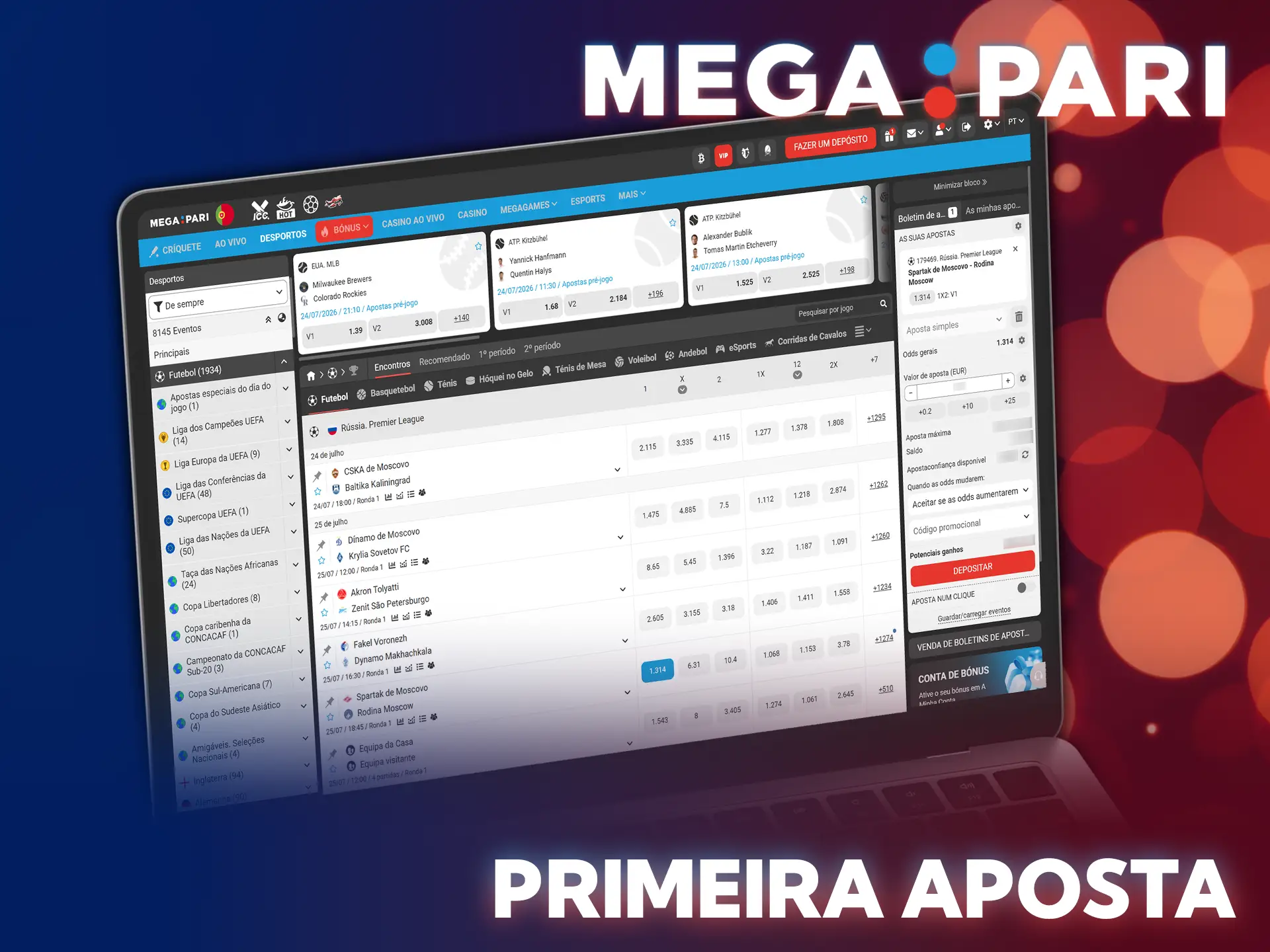 Faça a sua primeira aposta desportiva no MegaPari e ganhe recompensas.