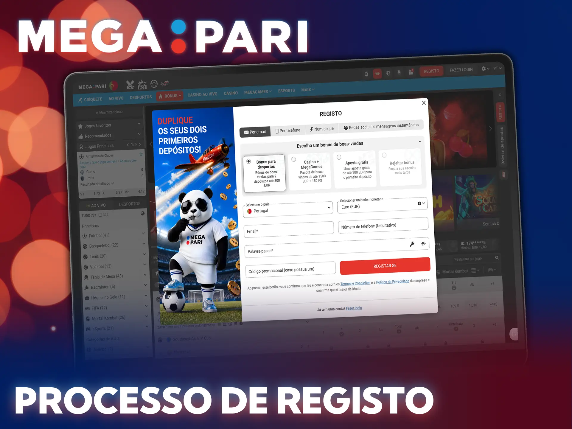 Crie a sua conta rapidamente para fazer apostas desportivas no MegaPari.