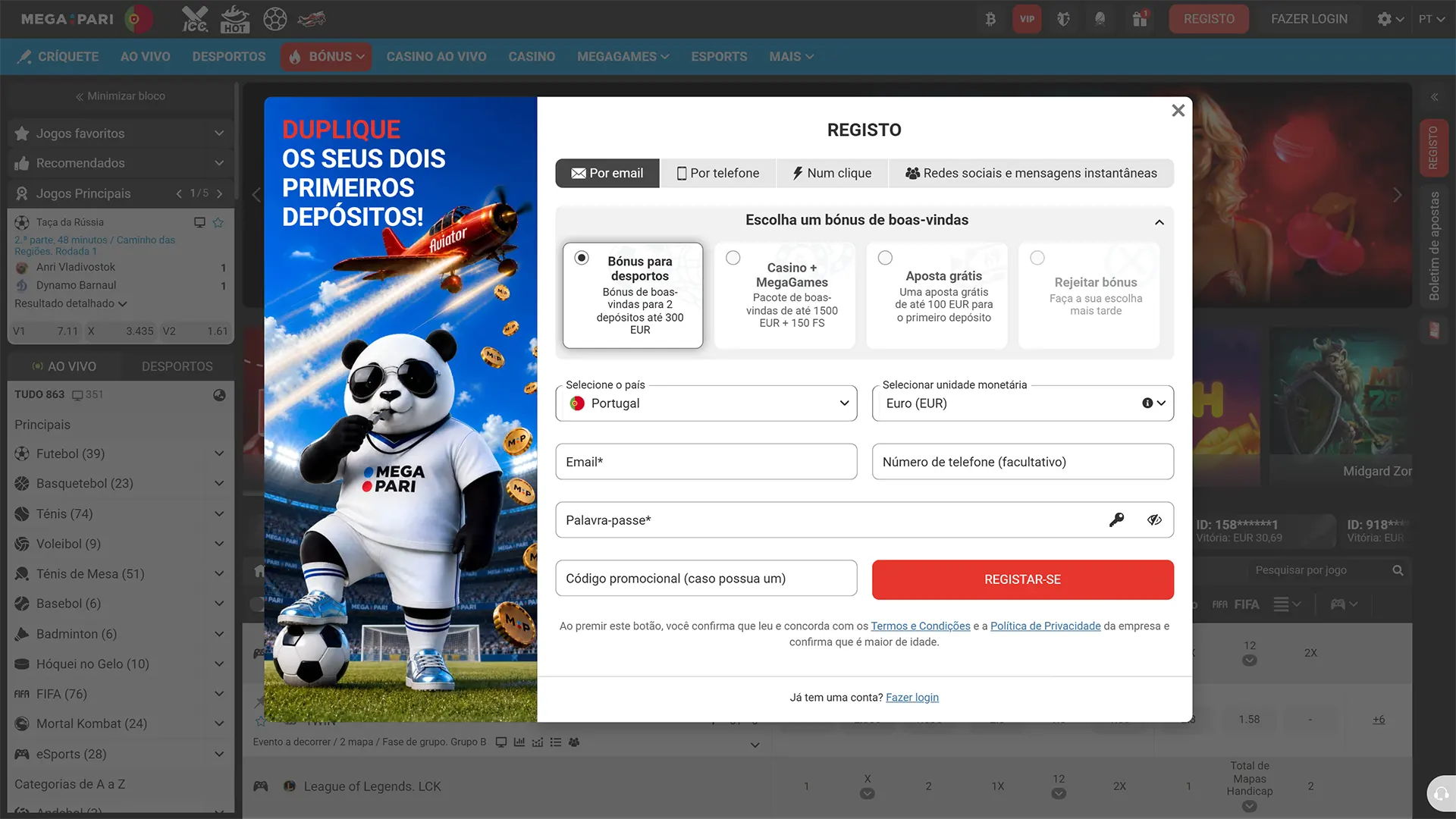 Registe o seu perfil na MegaPari para começar a apostar em MMA.