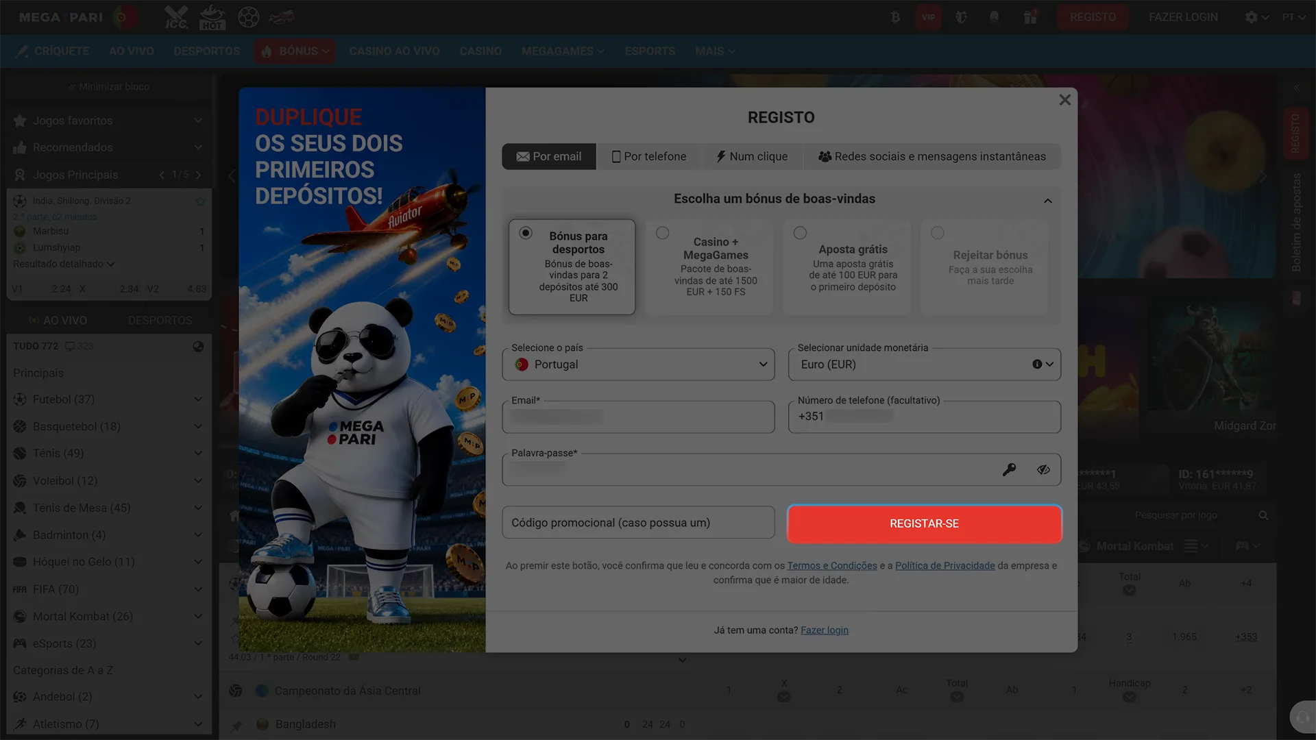 Entre no seu perfil configurado após registo de conta MegaPari.