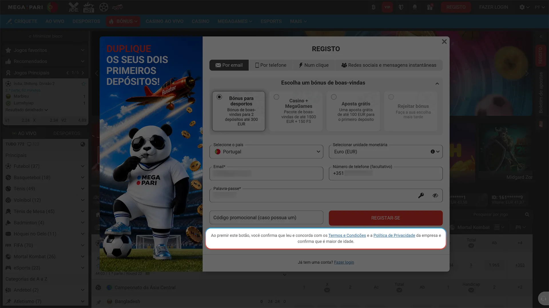 Concorde com as regras para abrir conta de registo MegaPari.