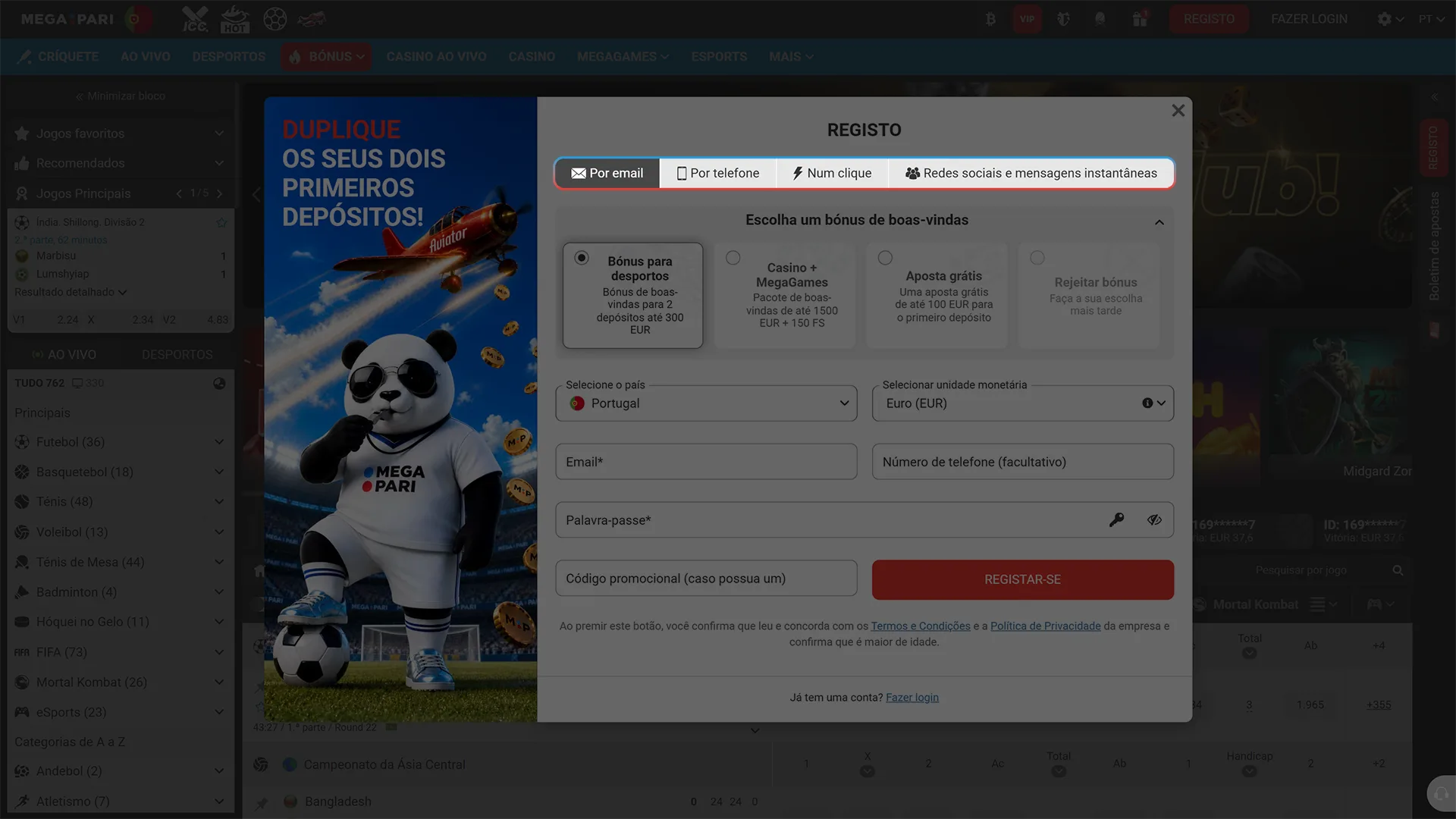 Selecione a forma preferida de registo de conta na MegaPari.