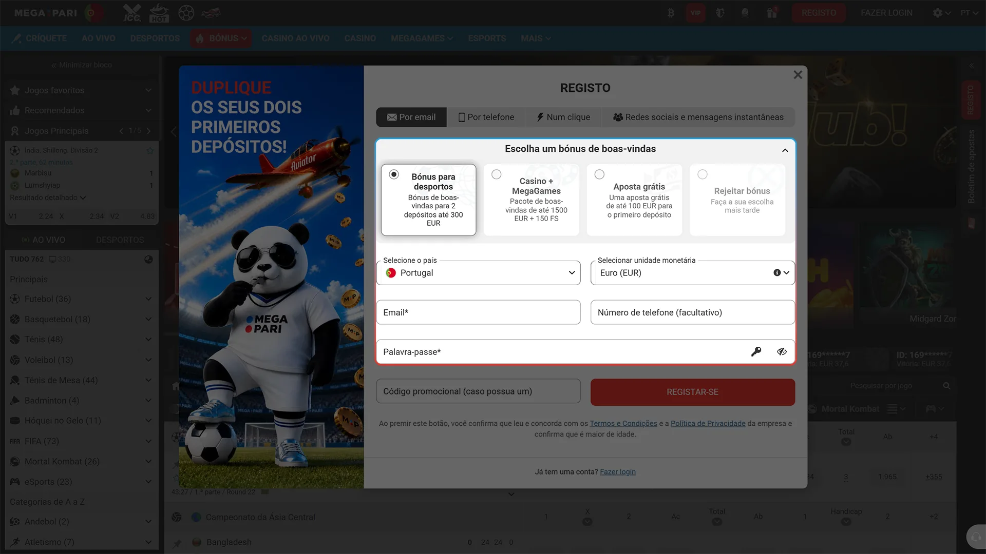 Insira as informações pessoais para criar conta de registo MegaPari.