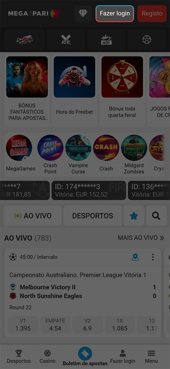 Pressione a área de login para o seu registo MegaPari.