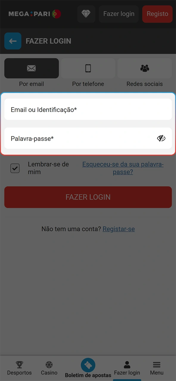 Digite a senha de login do seu registo na MegaPari.