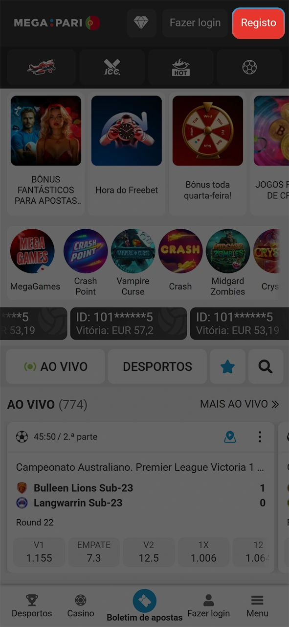 Inicie o aplicativo e pressione registar na app da MegaPari.