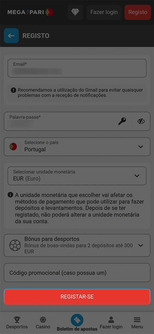 Finalize o processo e desfrute do registo na app MegaPari.