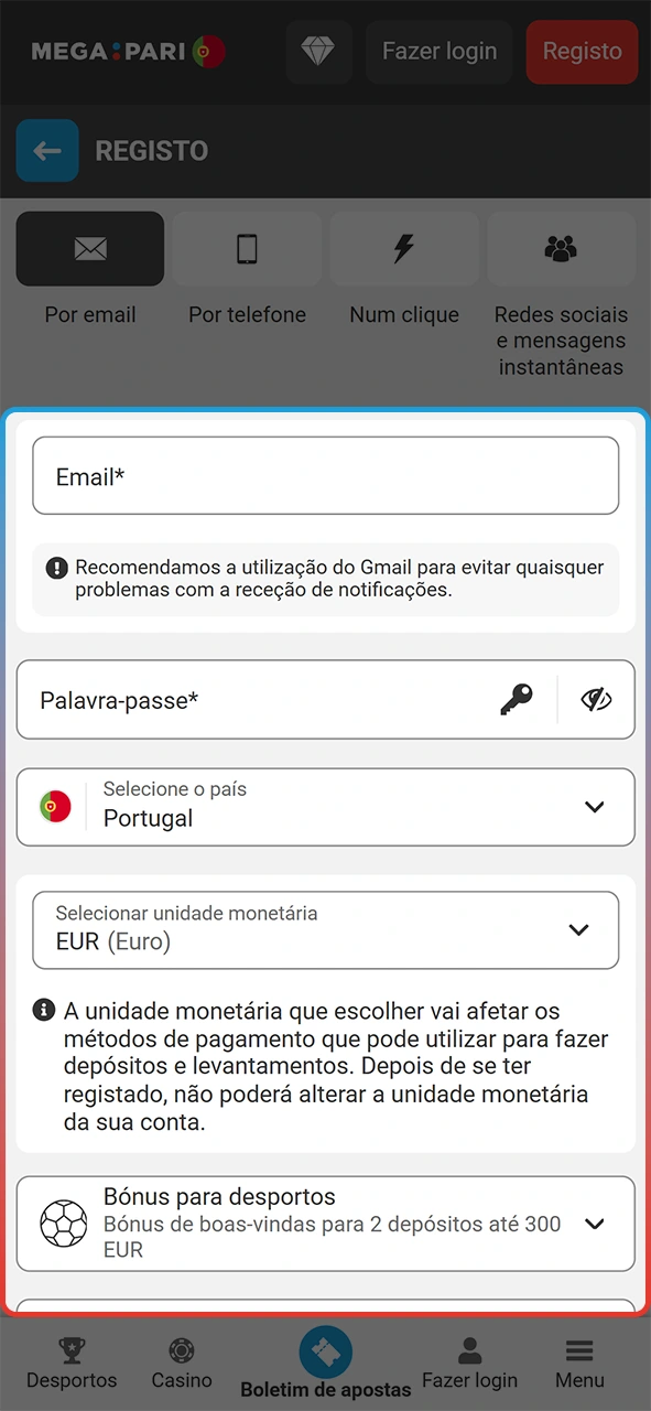 Forneça os detalhes exigidos durante o registo na app MegaPari.