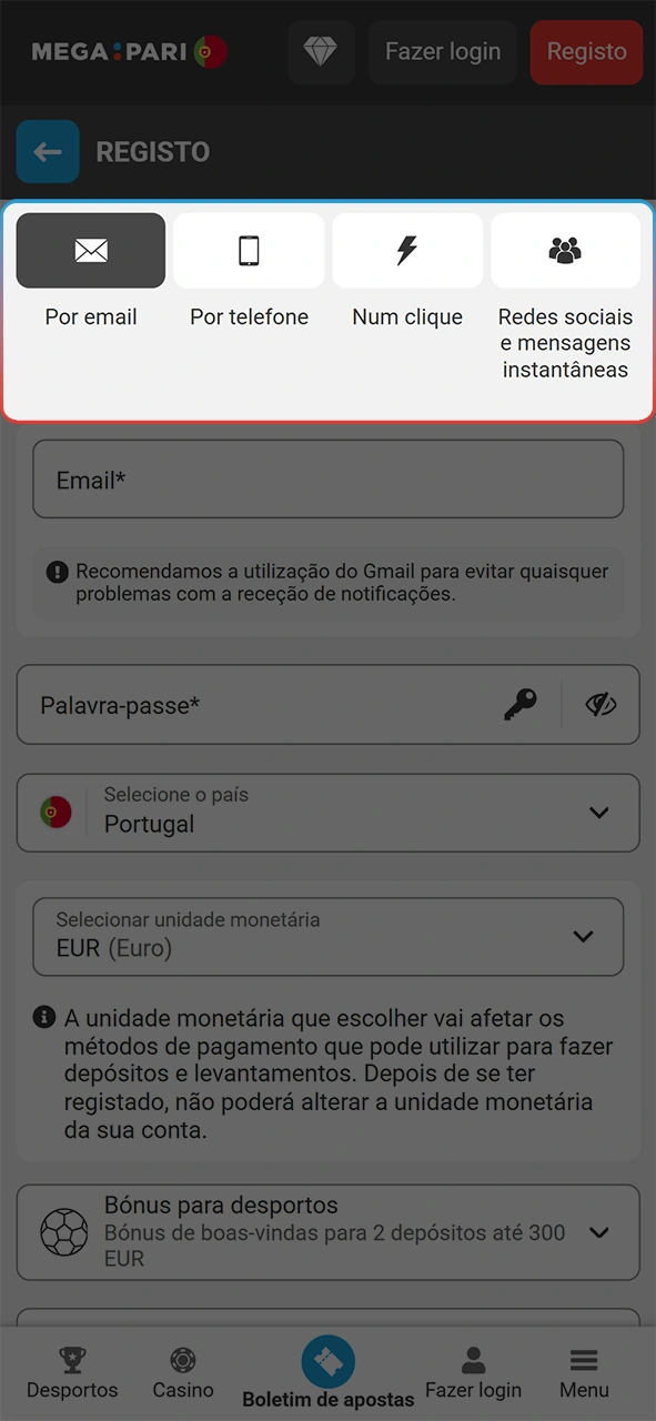 Defina a opção ideal para seu registo na app MegaPari.
