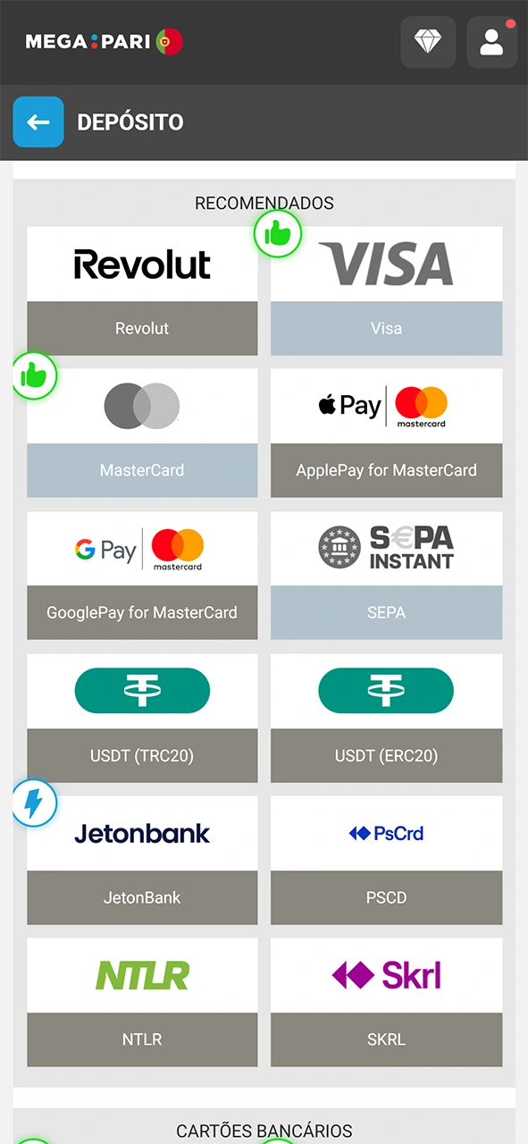 Adicione fundos após registo para receber bónus inicial na MegaPari.
