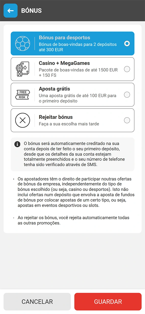 Escolha a recompensa desejada ao realizar registo com bónus MegaPari.