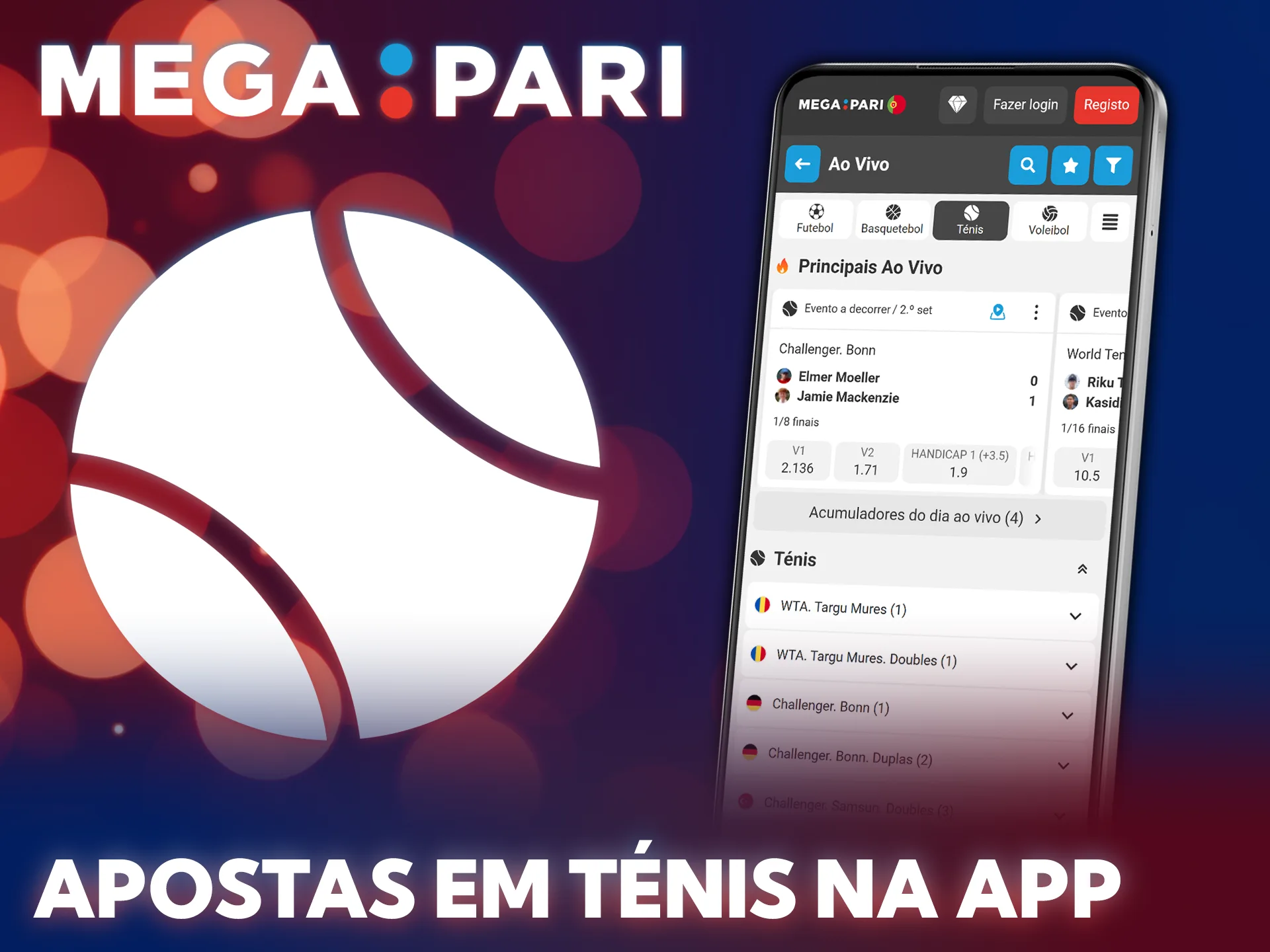 Baixe a app da MegaPari para fazer suas apostas em ténis.