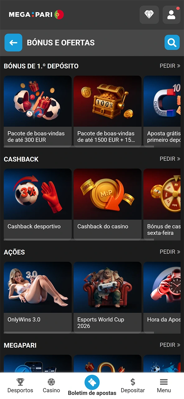 Encontre as ofertas do bónus de boas-vindas MegaPari após o registo.