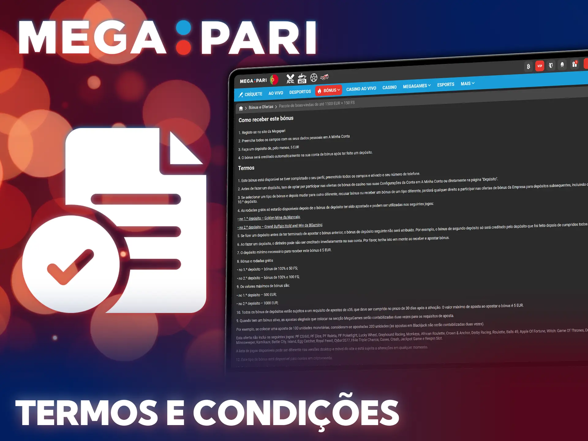 Leia os requisitos de apostas antes de ativar o bónus MegaPari.