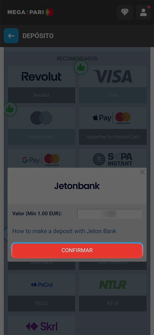 Aprove a transação de dinheiro para concluir o depósito na MegaPari.