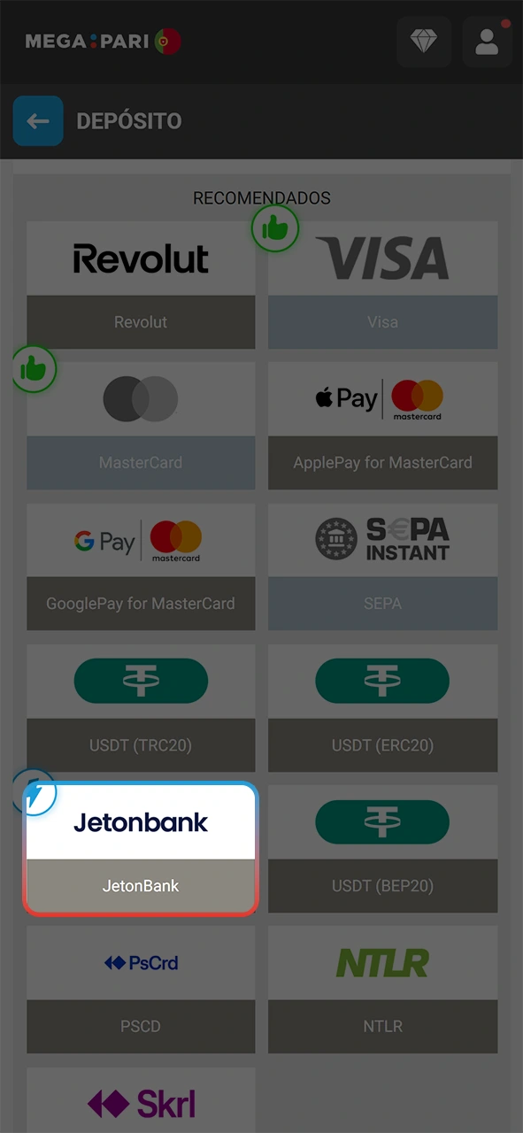 Selecione a via para transferir dinheiro no seu depósito da MegaPari.