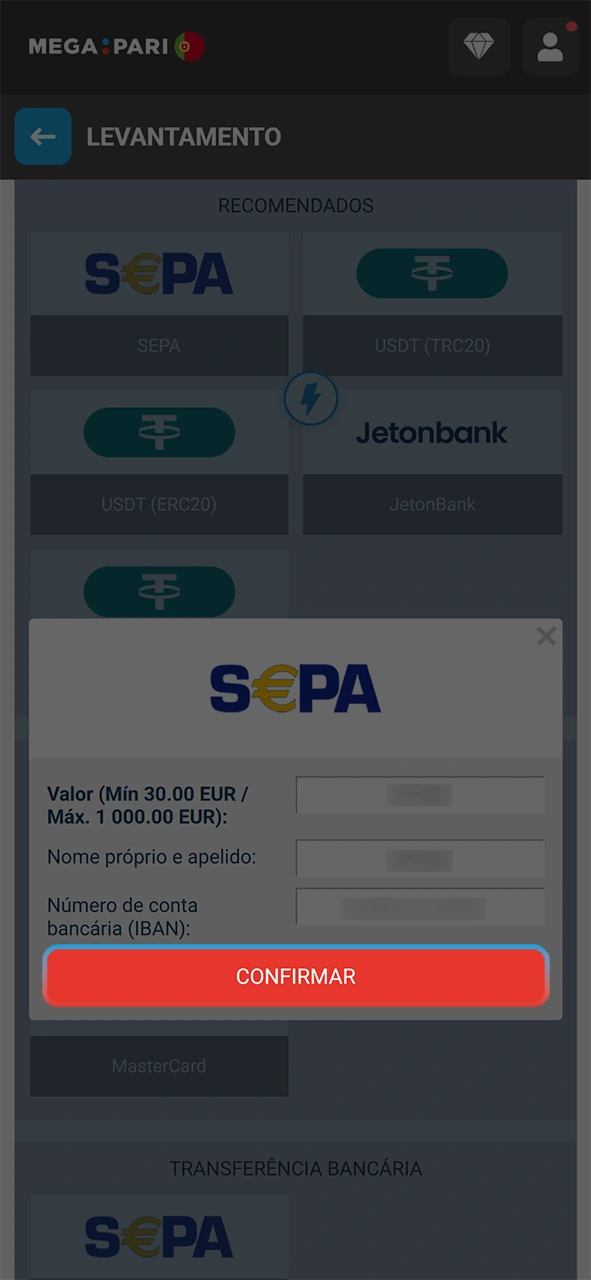 Valide o pedido para concluir o levantamento de dinheiro na MegaPari.