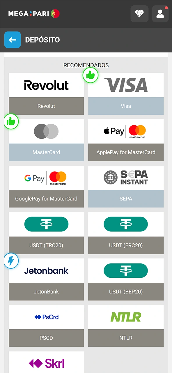 Abra a área de depósito com os métodos de pagamento MegaPari.