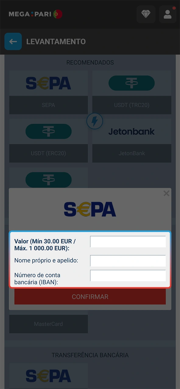 Insira a quantia do levantamento com os métodos de pagamento MegaPari.