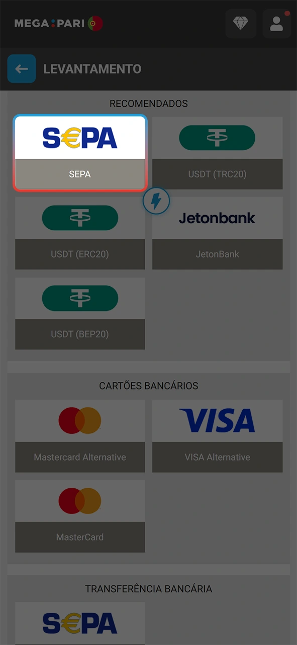 Escolha a via para o levantamento nos métodos de pagamento MegaPari.