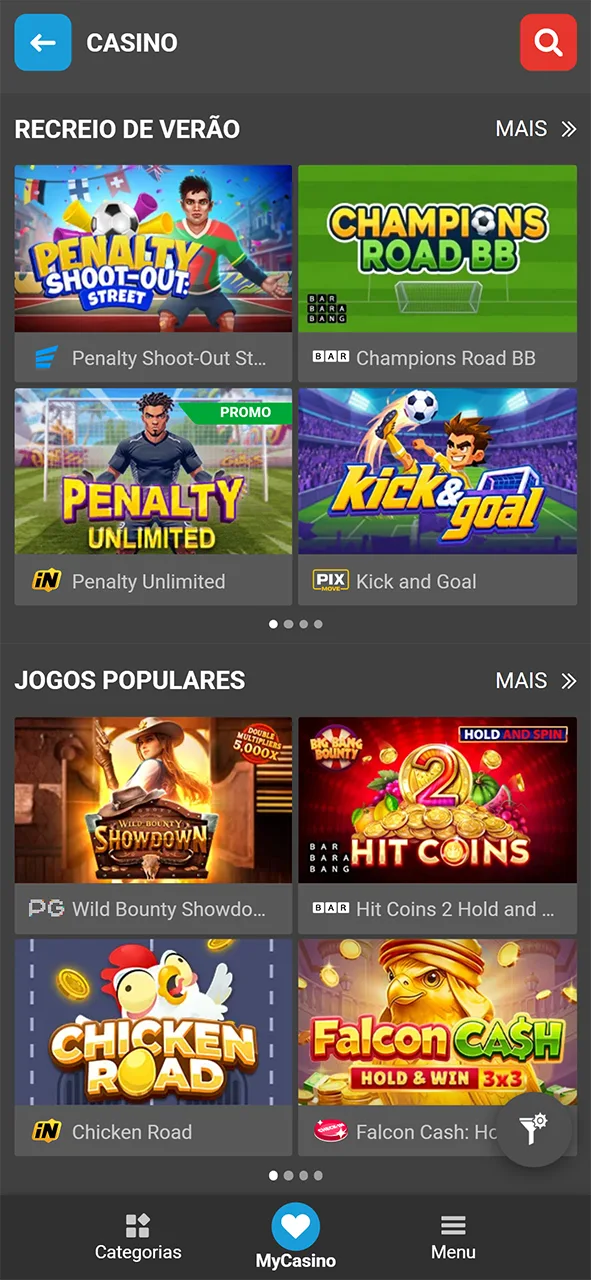 Entre no lobby da MegaPari e escolha slots para jogar.