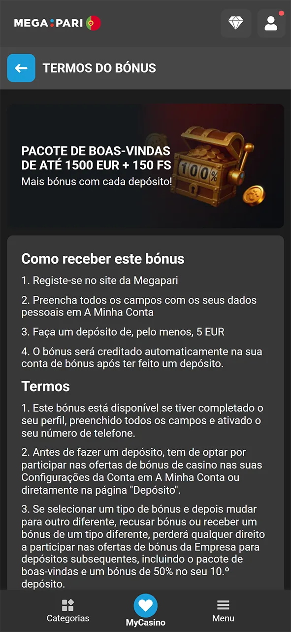 Ative o bónus inicial para jogar slots na plataforma MegaPari.