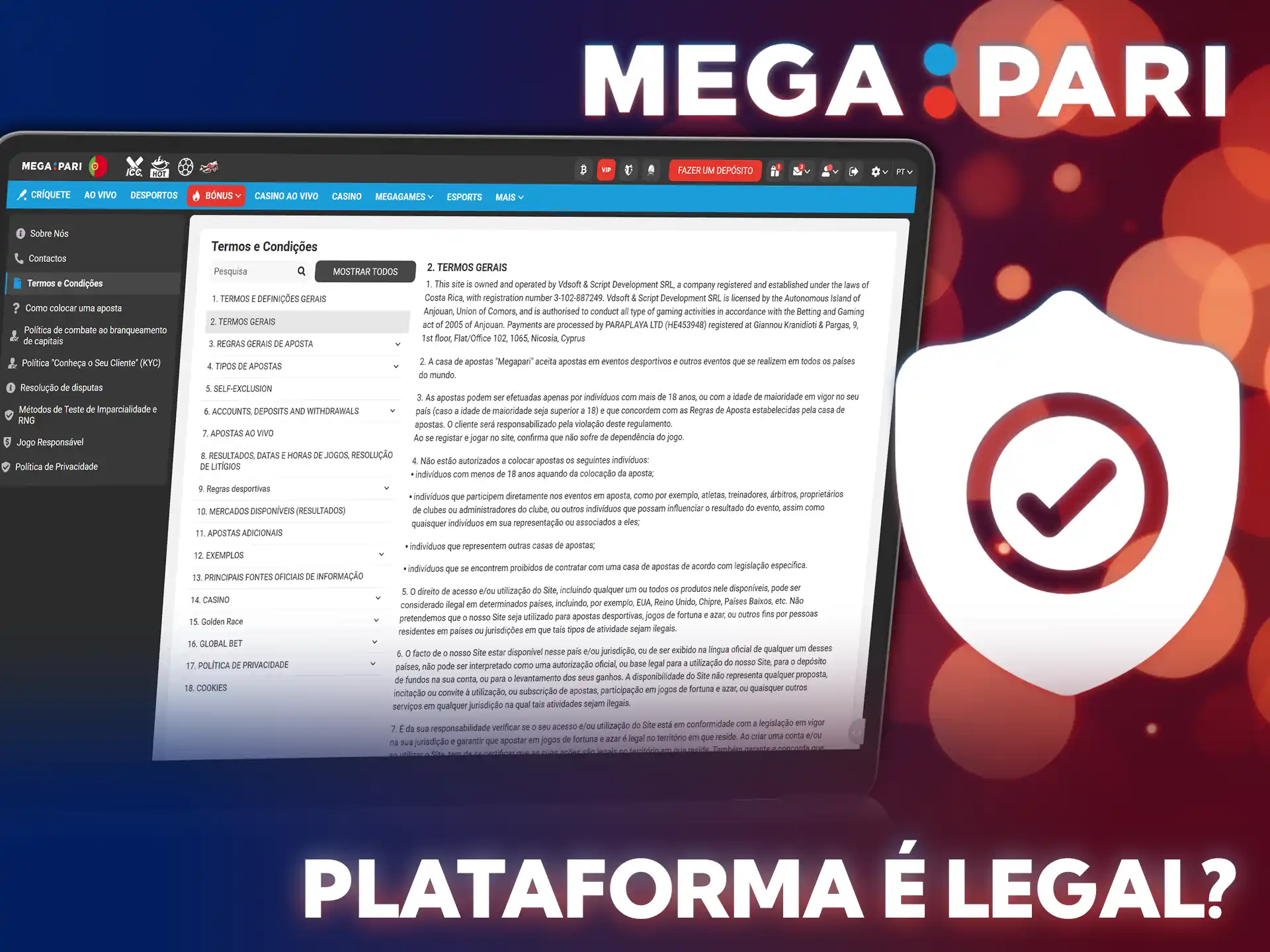 Confirme a segurança lendo sobre nós e registre-se na MegaPari Portugal.